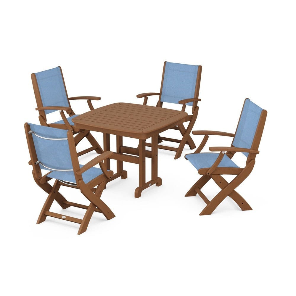 POLYWOOD® Outdoor Furniture Teak / Poolside Sling POLYWOOD® - Coastal Folding Chair 5-Piece Dining Set - PWS1237