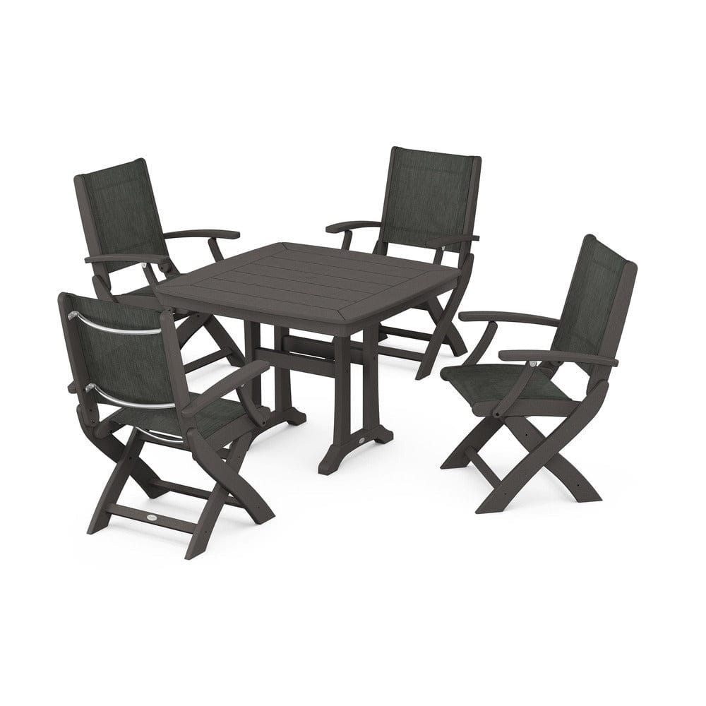 POLYWOOD® Outdoor Furniture Vintage Coffee / Ember Sling POLYWOOD® - Coastal Folding Chair 5-Piece Dining Set with Trestle Legs - PWS967