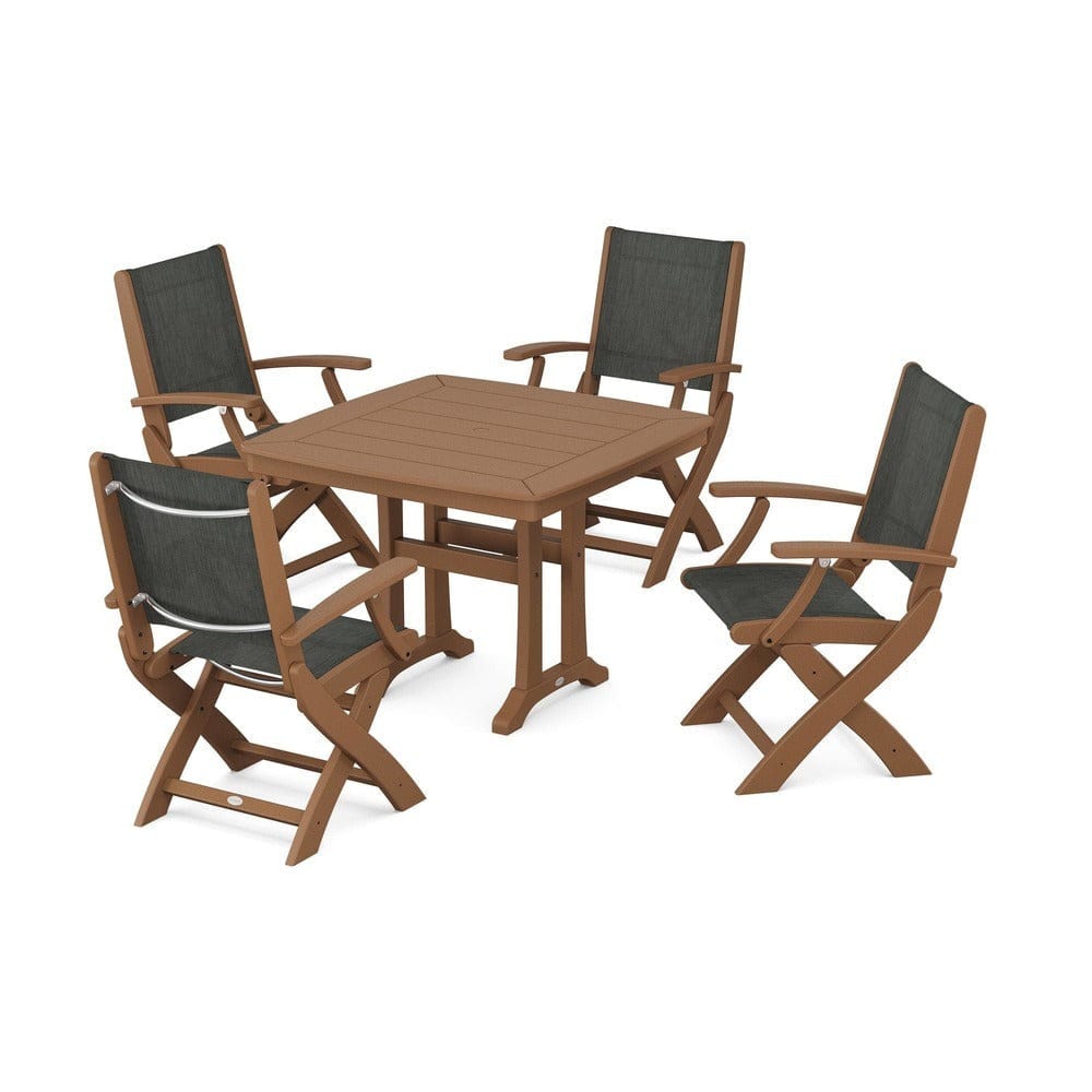POLYWOOD® Outdoor Furniture Teak / Ember Sling POLYWOOD® - Coastal Folding Chair 5-Piece Dining Set with Trestle Legs - PWS967