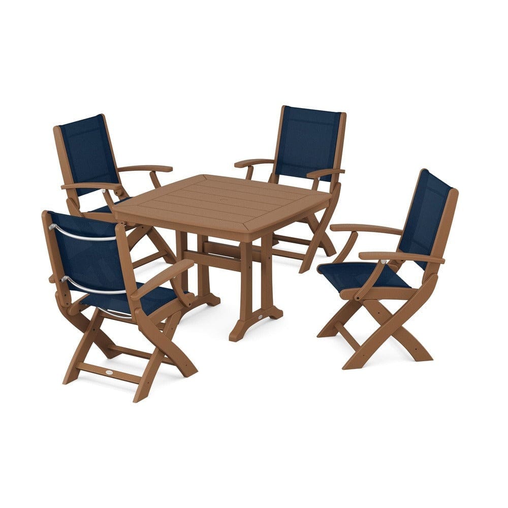 POLYWOOD® Outdoor Furniture Teak / Navy Blue Sling POLYWOOD® - Coastal Folding Chair 5-Piece Dining Set with Trestle Legs - PWS967