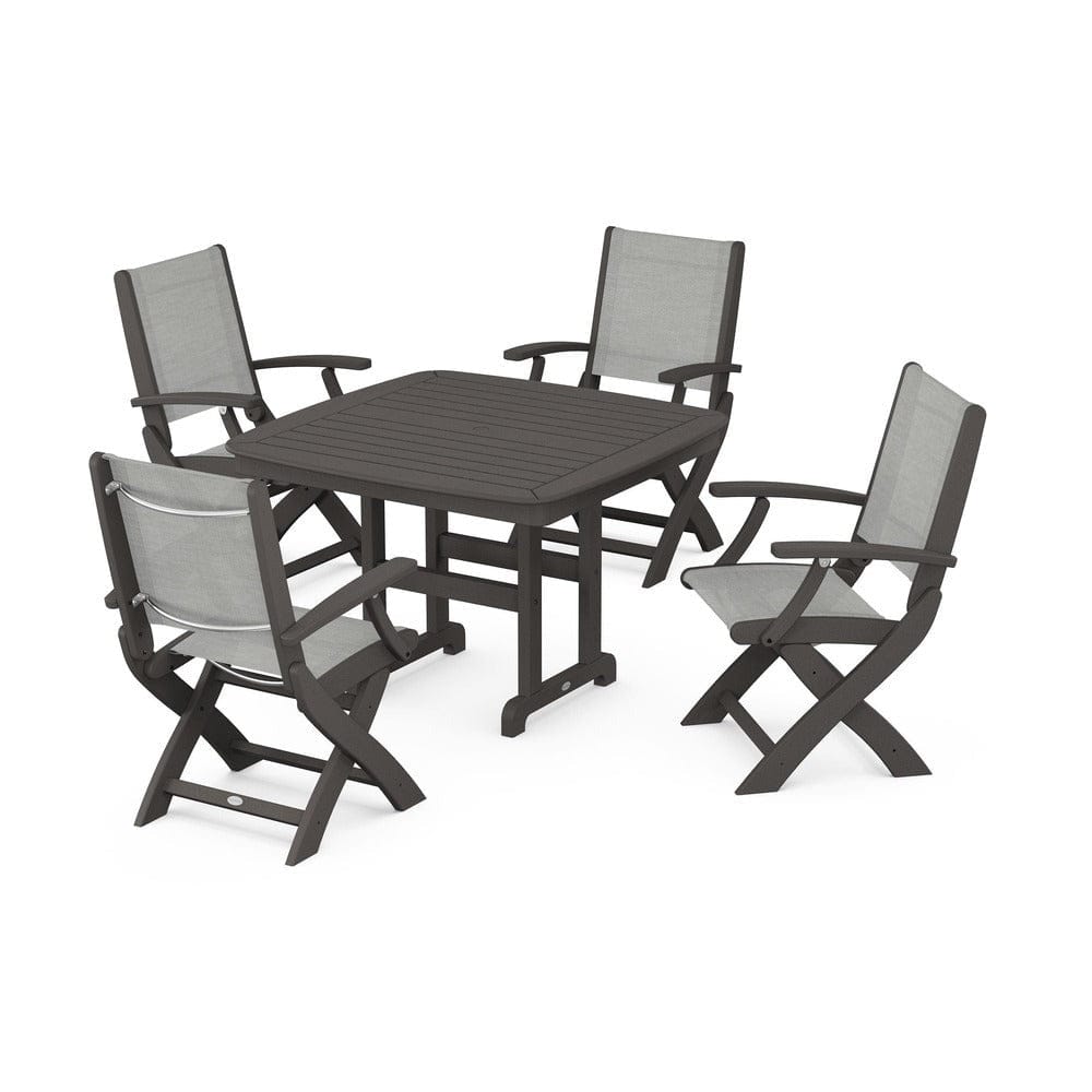 POLYWOOD® Outdoor Furniture Vintage Coffee / Metallic Sling POLYWOOD® - Coastal Folding Chair 5-Piece Dining Set - PWS915