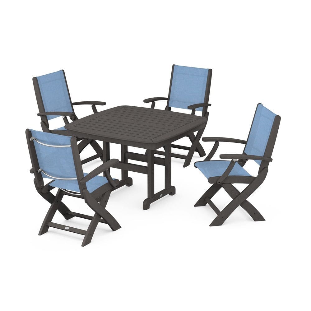 POLYWOOD® Outdoor Furniture Vintage Coffee / Poolside Sling POLYWOOD® - Coastal Folding Chair 5-Piece Dining Set - PWS915
