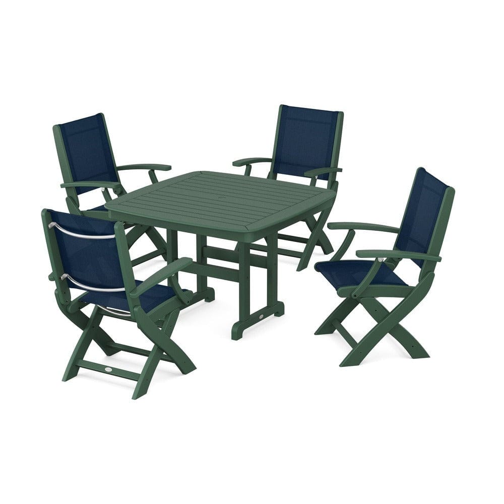POLYWOOD® Outdoor Furniture Green / Navy Blue Sling POLYWOOD® - Coastal Folding Chair 5-Piece Dining Set - PWS915