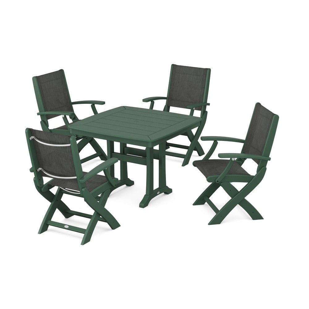 POLYWOOD® Outdoor Furniture Green / Ember Sling POLYWOOD® - Coastal Folding Chair 5-Piece Dining Set with Trestle Legs - PWS967