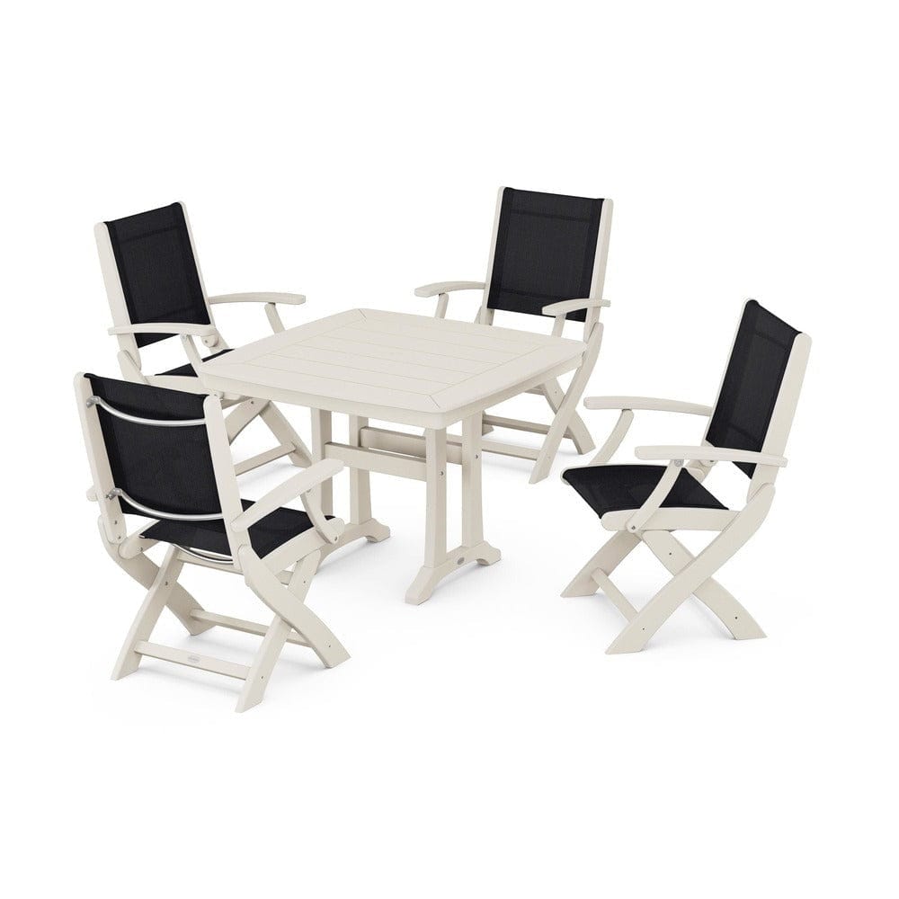 POLYWOOD® Outdoor Furniture Sand / Black Sling POLYWOOD® - Coastal Folding Chair 5-Piece Dining Set with Trestle Legs - PWS967