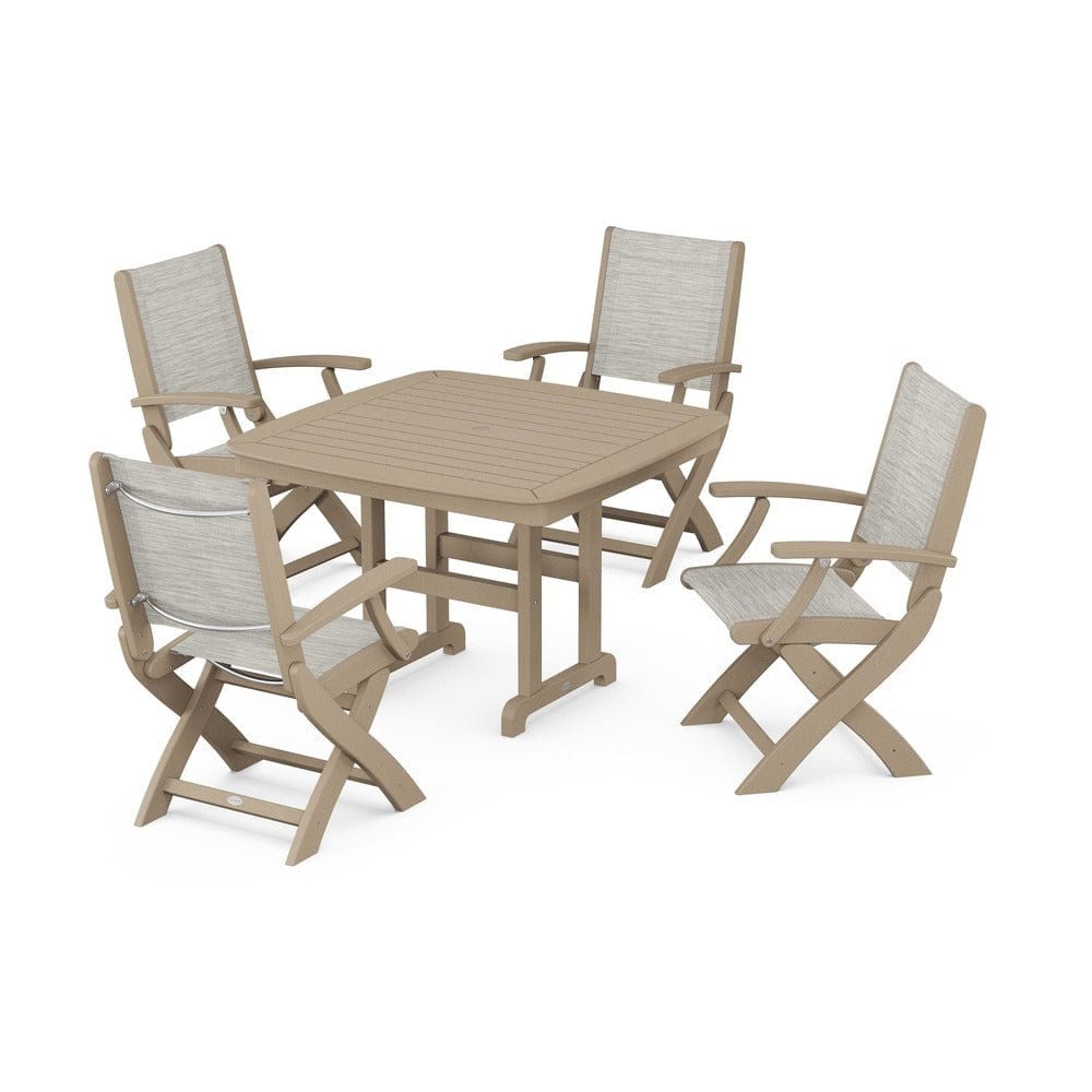 POLYWOOD® Outdoor Furniture Vintage Sahara / Birch Sling POLYWOOD® - Coastal Folding Chair 5-Piece Dining Set - PWS915