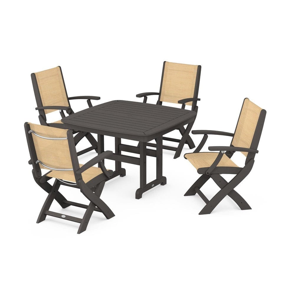 POLYWOOD® Outdoor Furniture Vintage Coffee / Dupioni Apricot Sling POLYWOOD® - Coastal Folding Chair 5-Piece Dining Set - PWS915