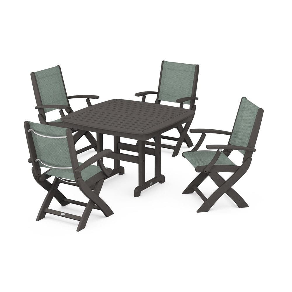 POLYWOOD® Outdoor Furniture Vintage Coffee / Dupioni Sea Mist Sling POLYWOOD® - Coastal Folding Chair 5-Piece Dining Set - PWS915