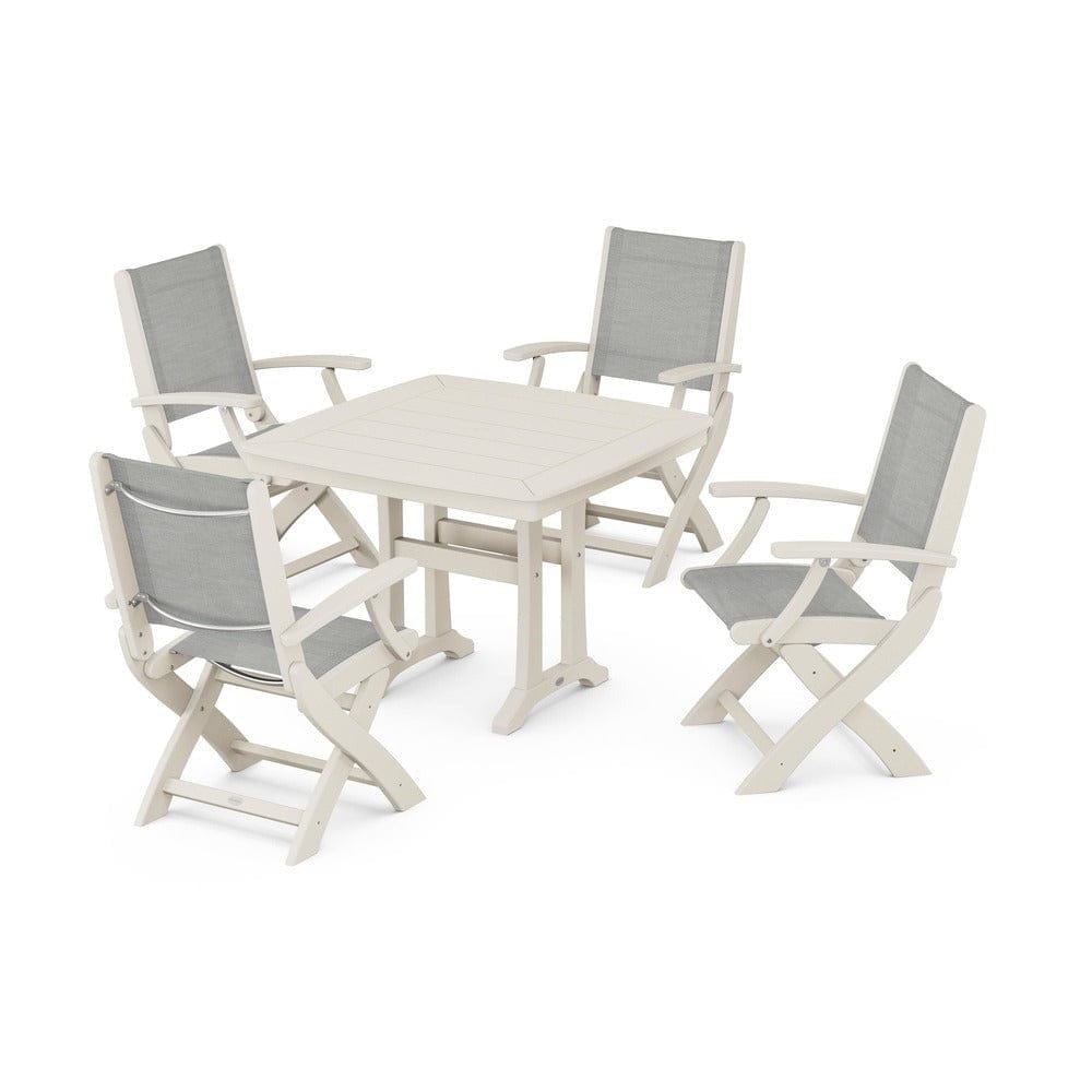 POLYWOOD® Outdoor Furniture Sand / Metallic Sling POLYWOOD® - Coastal Folding Chair 5-Piece Dining Set with Trestle Legs - PWS967