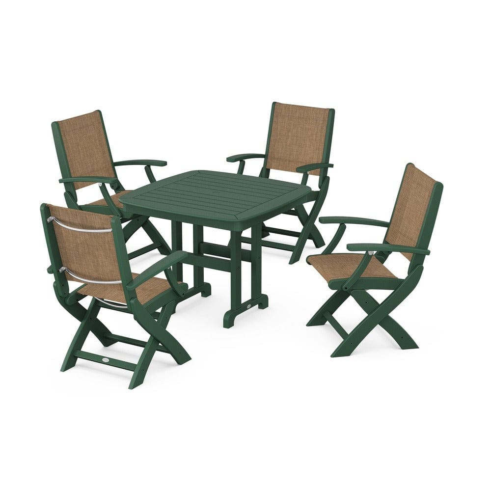 POLYWOOD® Outdoor Furniture Green / Burlap Sling POLYWOOD® - Coastal Folding Chair 5-Piece Dining Set - PWS1237
