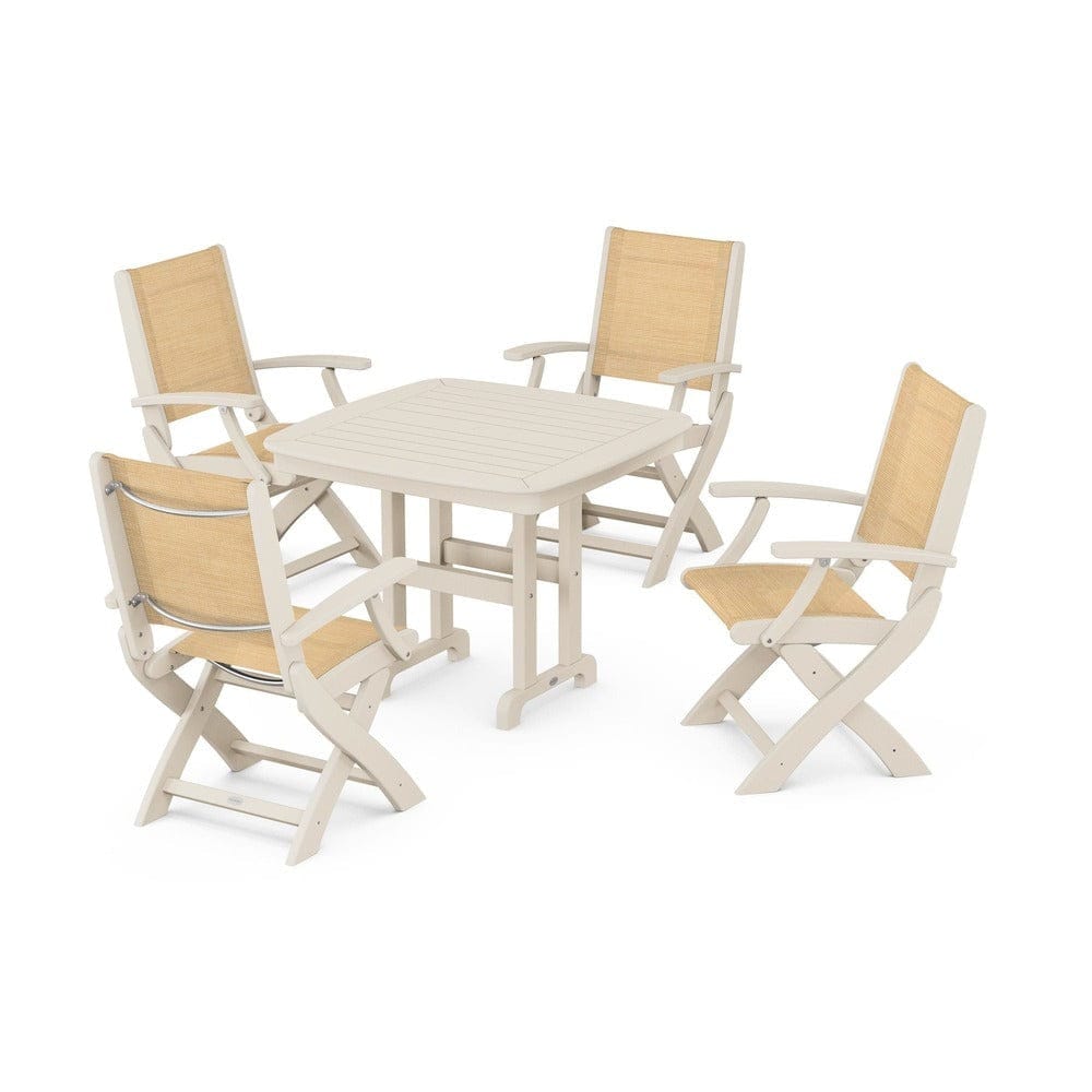 POLYWOOD® Outdoor Furniture Sand / Dupioni Apricot Sling POLYWOOD® - Coastal Folding Chair 5-Piece Dining Set - PWS1237