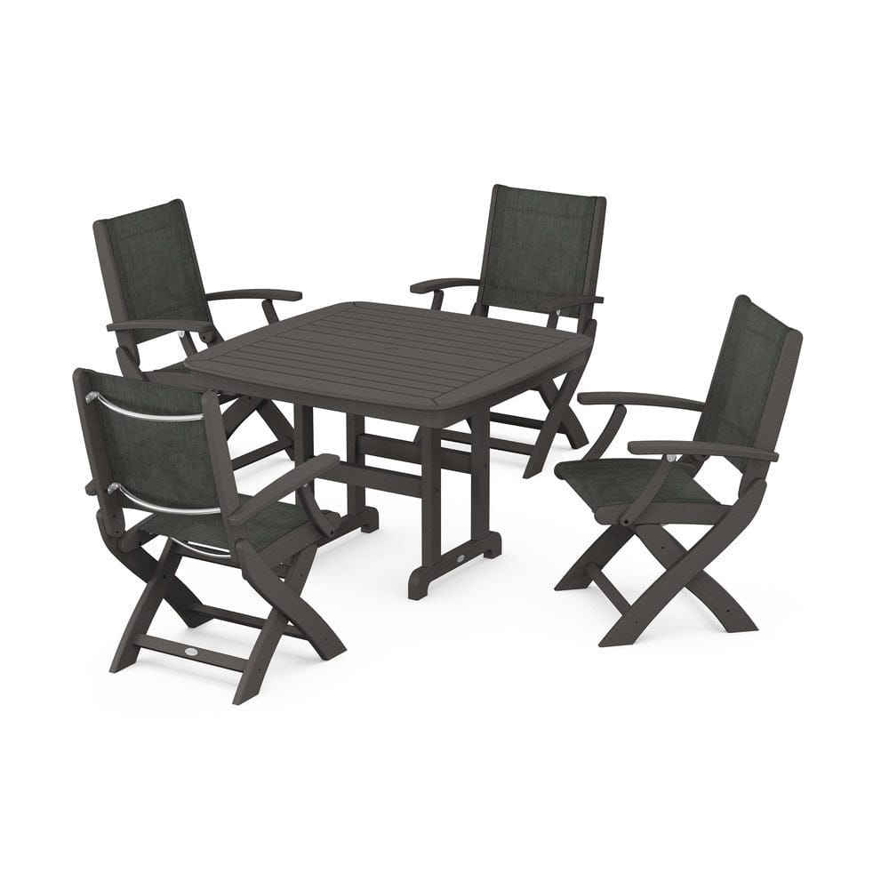 POLYWOOD® Outdoor Furniture Vintage Coffee / Ember Sling POLYWOOD® - Coastal Folding Chair 5-Piece Dining Set - PWS915