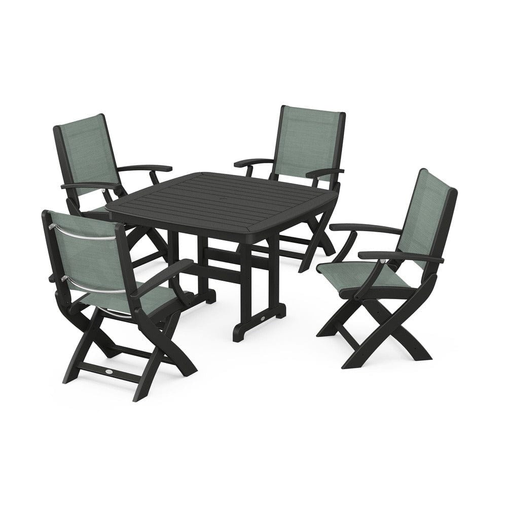 POLYWOOD® Outdoor Furniture Black / Dupioni Sea Mist Sling POLYWOOD® - Coastal Folding Chair 5-Piece Dining Set - PWS915