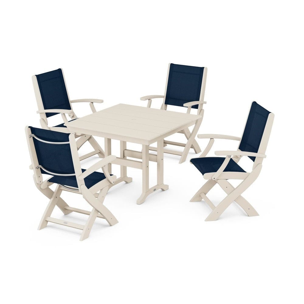 POLYWOOD® Outdoor Furniture Sand / Navy Blue Sling POLYWOOD® - Coastal Folding Chair 5-Piece Farmhouse Dining Set - PWS1142