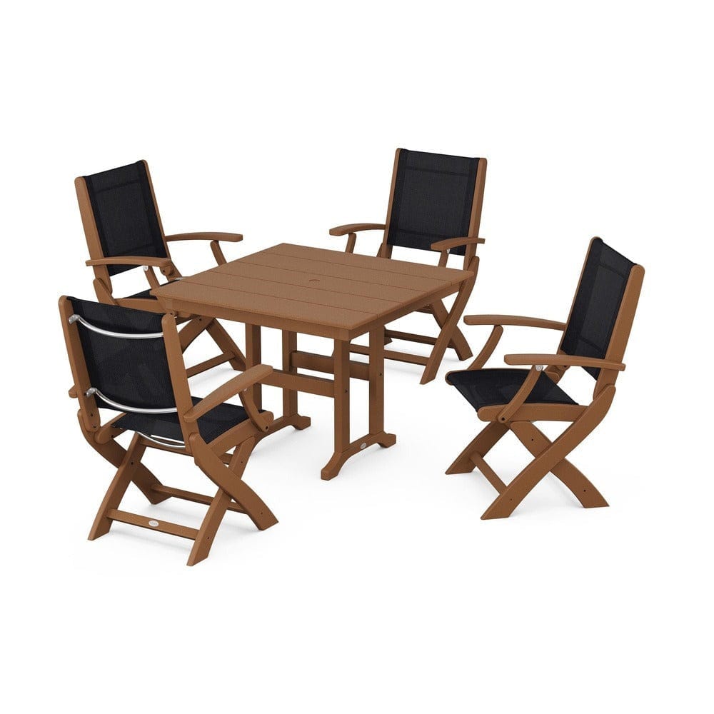 POLYWOOD® Outdoor Furniture Teak / Black Sling POLYWOOD® - Coastal Folding Chair 5-Piece Farmhouse Dining Set - PWS1142