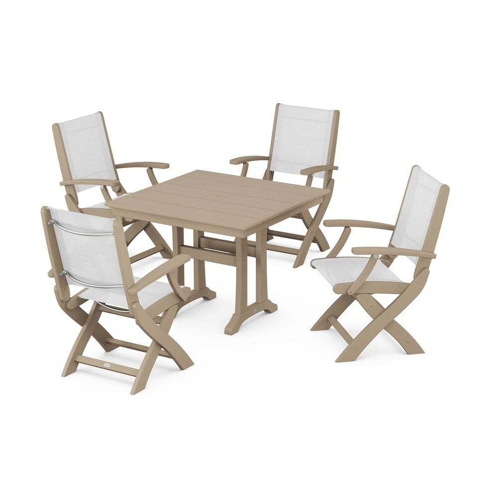 POLYWOOD® - Coastal Folding Chair 5-Piece Farmhouse Dining Set With Trestle Legs - PWS945 Outdoor Furniture POLYWOOD®