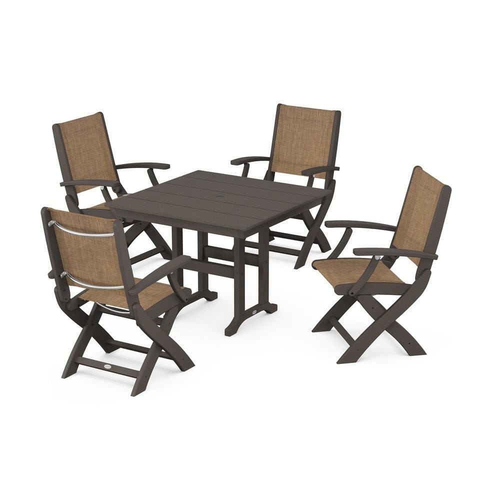 POLYWOOD® Outdoor Furniture Vintage Coffee / Burlap Sling POLYWOOD® - Coastal Folding Chair 5-Piece Farmhouse Dining Set - PWS1142