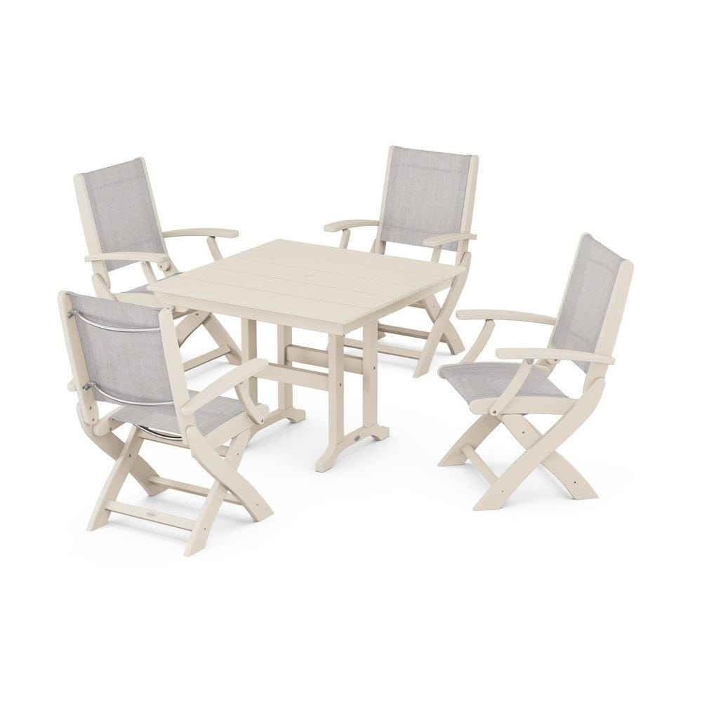 POLYWOOD® Outdoor Furniture Sand / Parchment Sling POLYWOOD® - Coastal Folding Chair 5-Piece Farmhouse Dining Set - PWS1142
