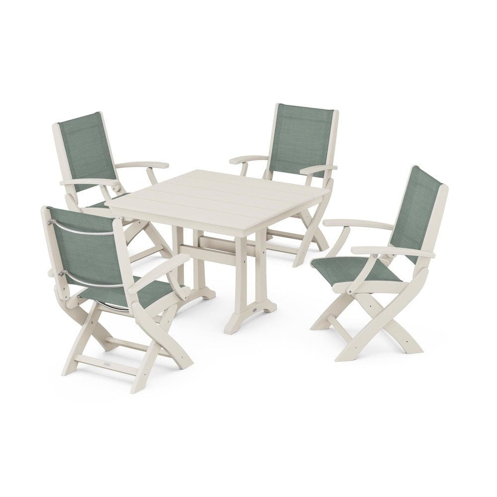 POLYWOOD® Outdoor Furniture Sand / Dupioni Sea Mist Sling POLYWOOD® - Coastal Folding Chair 5-Piece Farmhouse Dining Set With Trestle Legs - PWS945