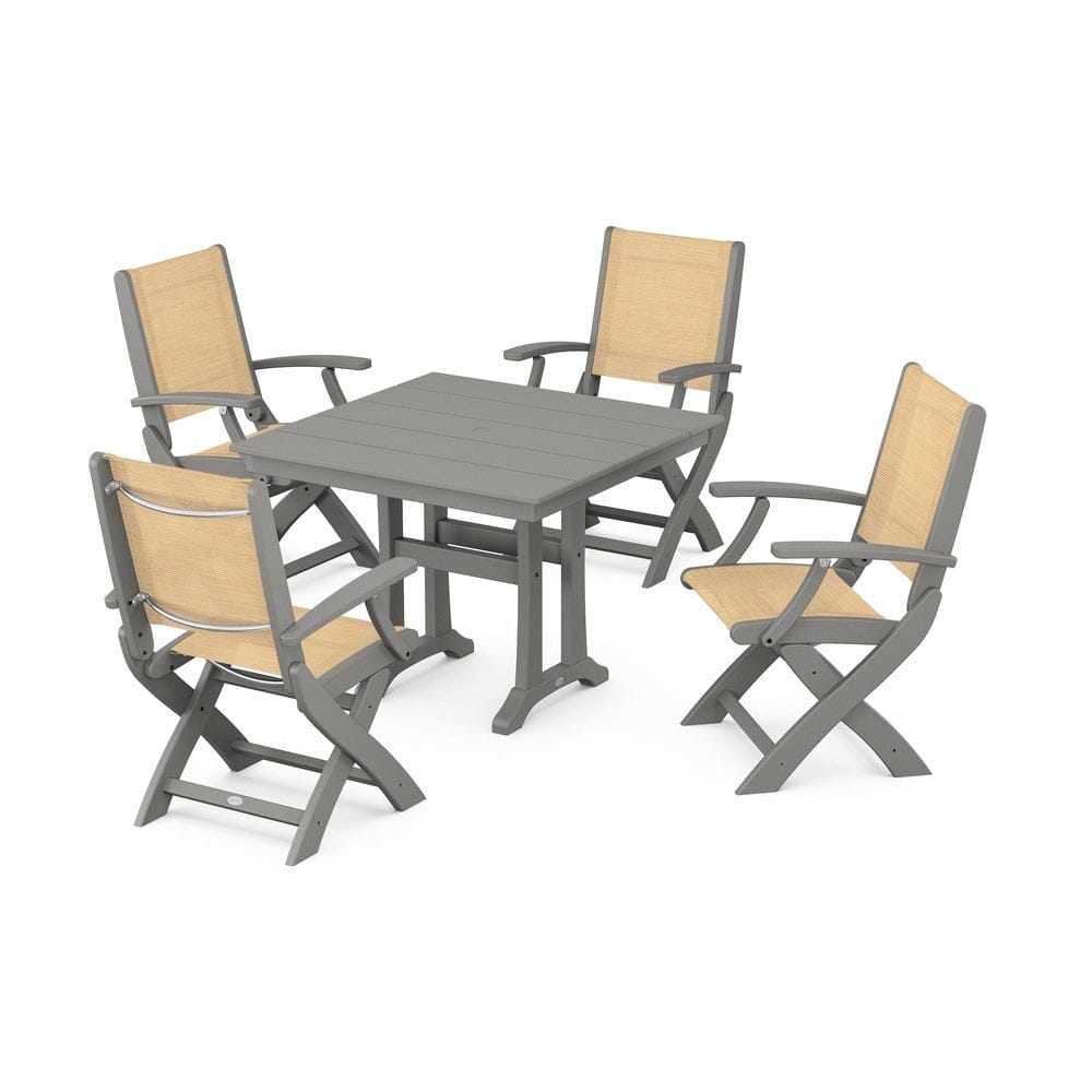 POLYWOOD® Outdoor Furniture Slate Grey / Dupioni Apricot Sling POLYWOOD® - Coastal Folding Chair 5-Piece Farmhouse Dining Set With Trestle Legs - PWS945