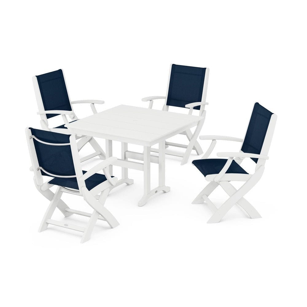 POLYWOOD® Outdoor Furniture White / Navy Blue Sling POLYWOOD® - Coastal Folding Chair 5-Piece Farmhouse Dining Set - PWS1142