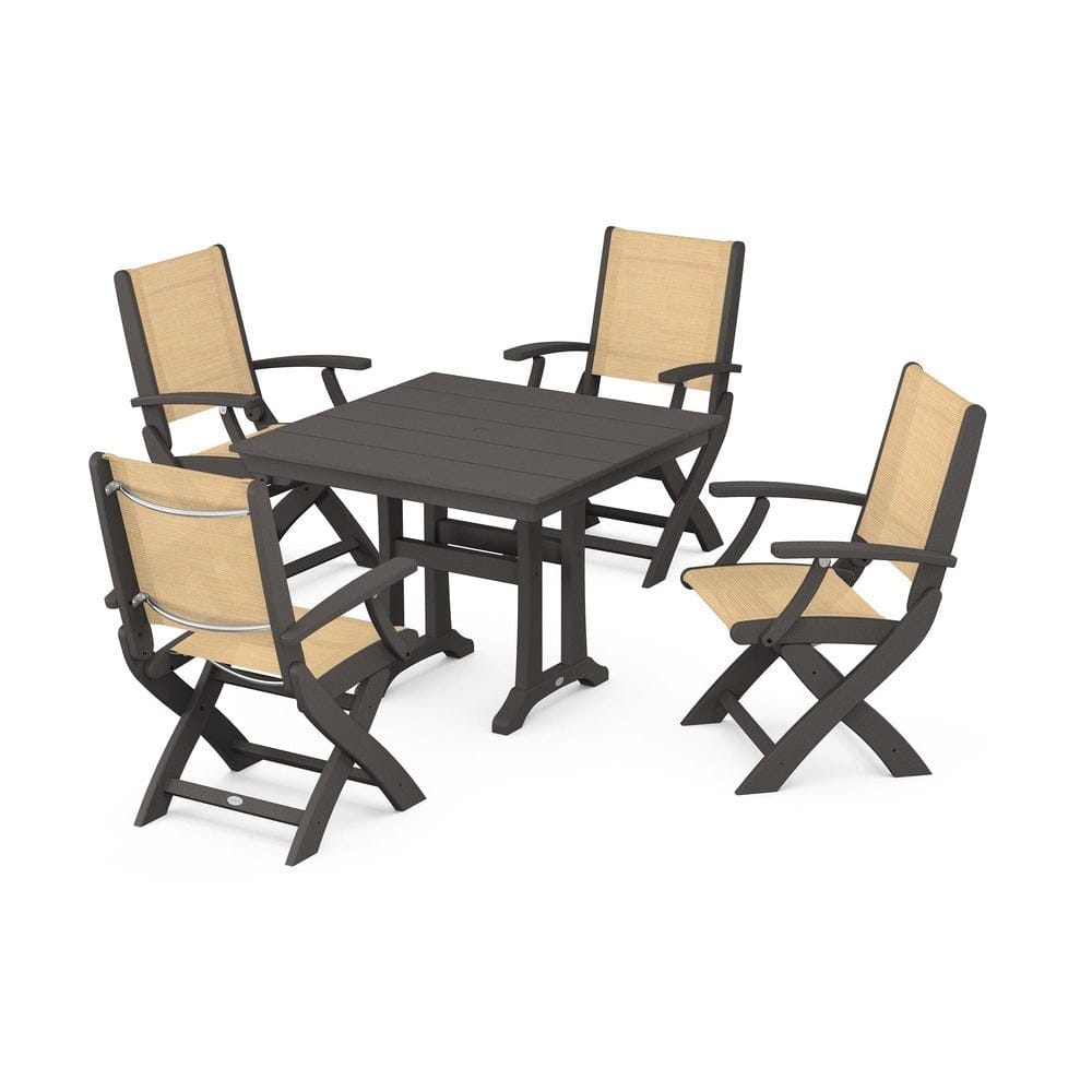 POLYWOOD® Outdoor Furniture Vintage Coffee / Dupioni Apricot Sling POLYWOOD® - Coastal Folding Chair 5-Piece Farmhouse Dining Set With Trestle Legs - PWS945