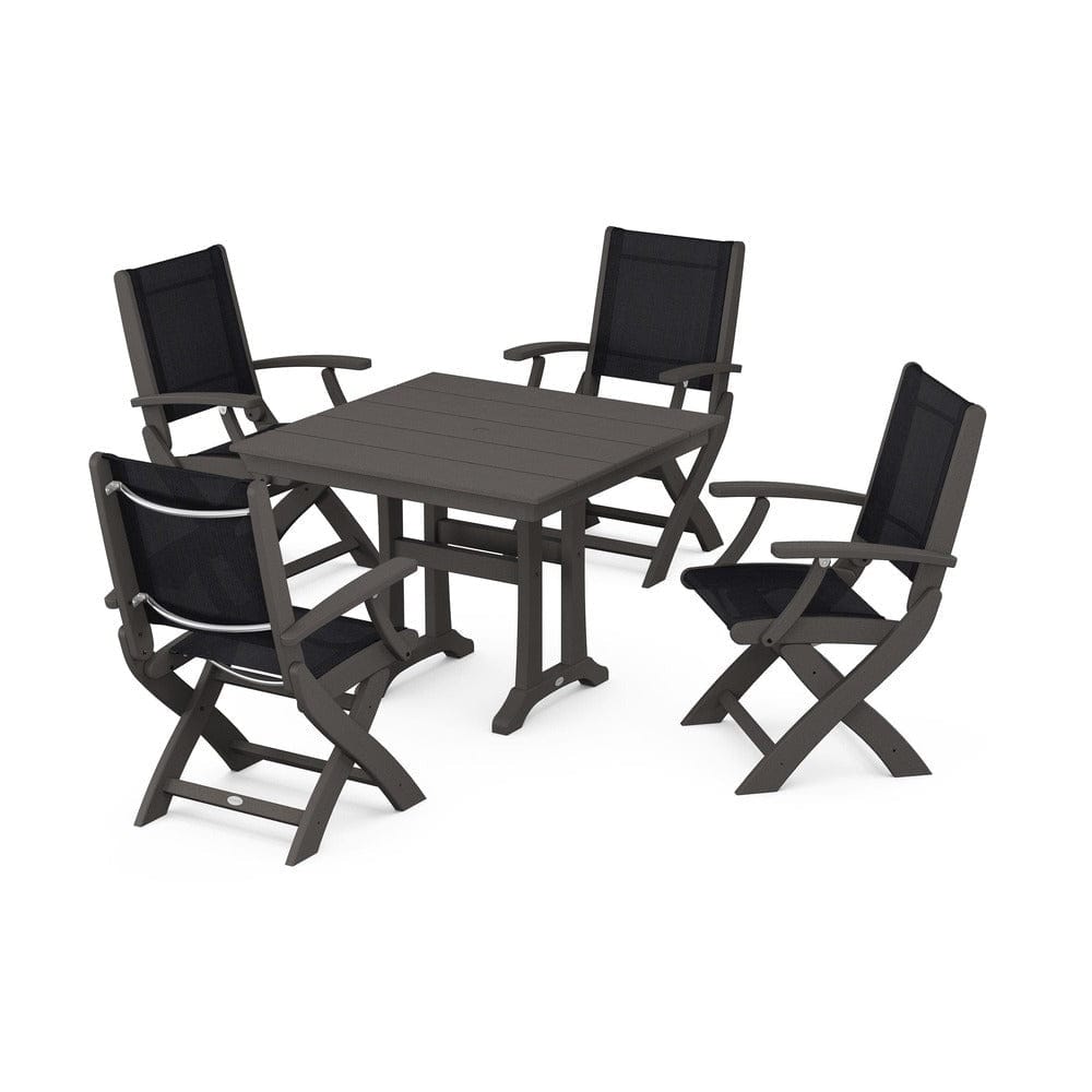 POLYWOOD® Outdoor Furniture Vintage Coffee / Black Sling POLYWOOD® - Coastal Folding Chair 5-Piece Farmhouse Dining Set With Trestle Legs - PWS945