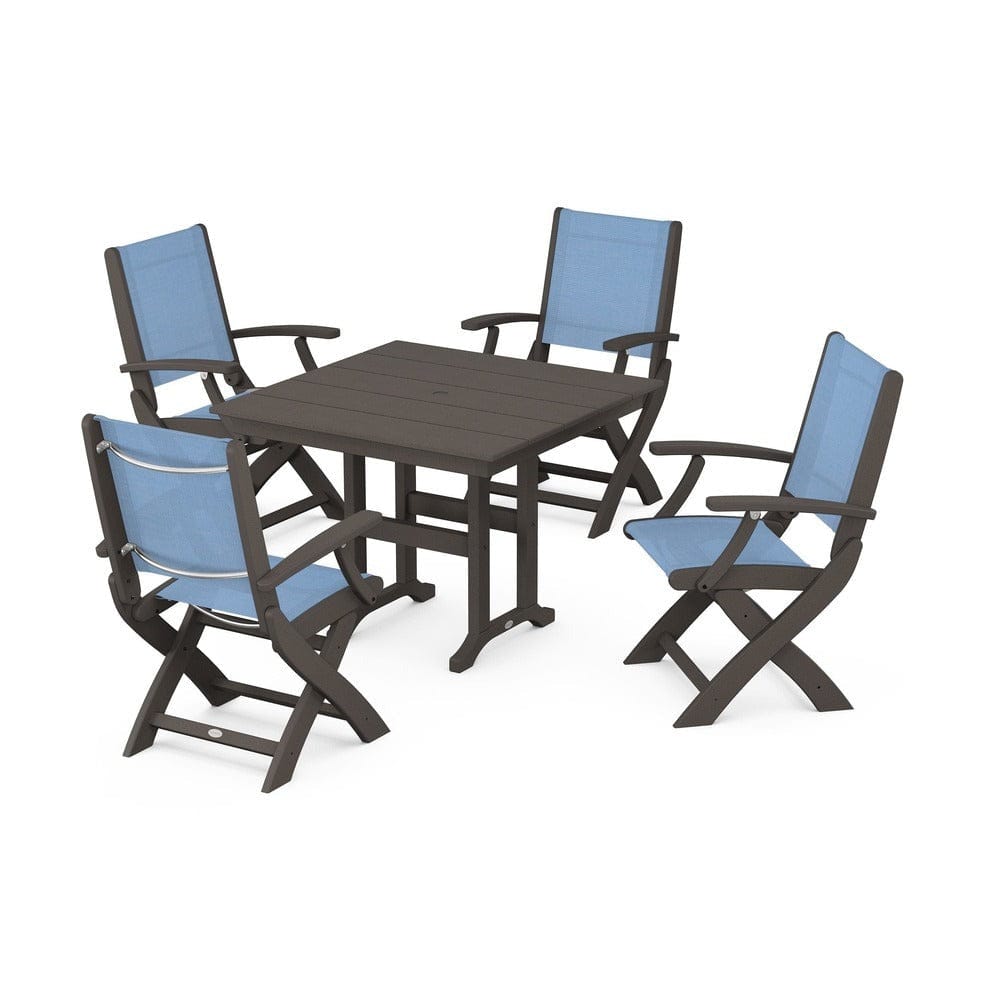 POLYWOOD® Outdoor Furniture Vintage Coffee / Poolside Sling POLYWOOD® - Coastal Folding Chair 5-Piece Farmhouse Dining Set - PWS1142