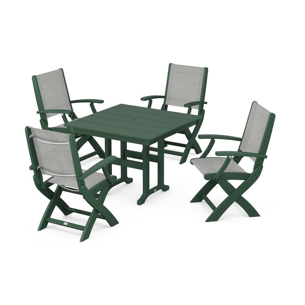 POLYWOOD® Outdoor Furniture Green / Metallic Sling POLYWOOD® - Coastal Folding Chair 5-Piece Farmhouse Dining Set - PWS1142