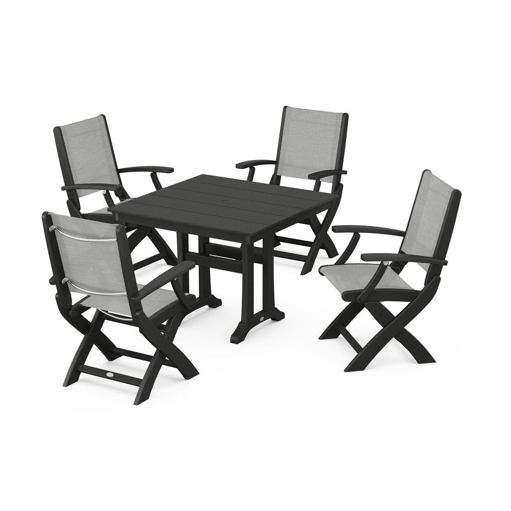 POLYWOOD® Outdoor Furniture Black / Metallic Sling POLYWOOD® - Coastal Folding Chair 5-Piece Farmhouse Dining Set With Trestle Legs - PWS945