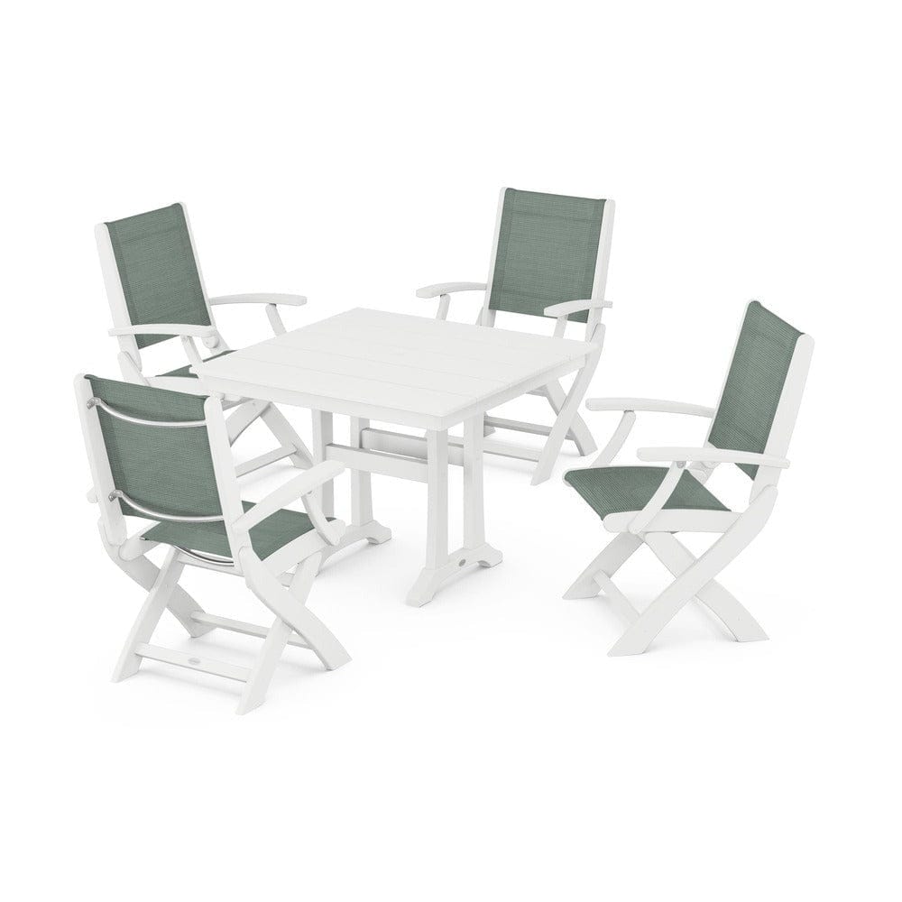 POLYWOOD® Outdoor Furniture White / Dupioni Sea Mist Sling POLYWOOD® - Coastal Folding Chair 5-Piece Farmhouse Dining Set With Trestle Legs - PWS945