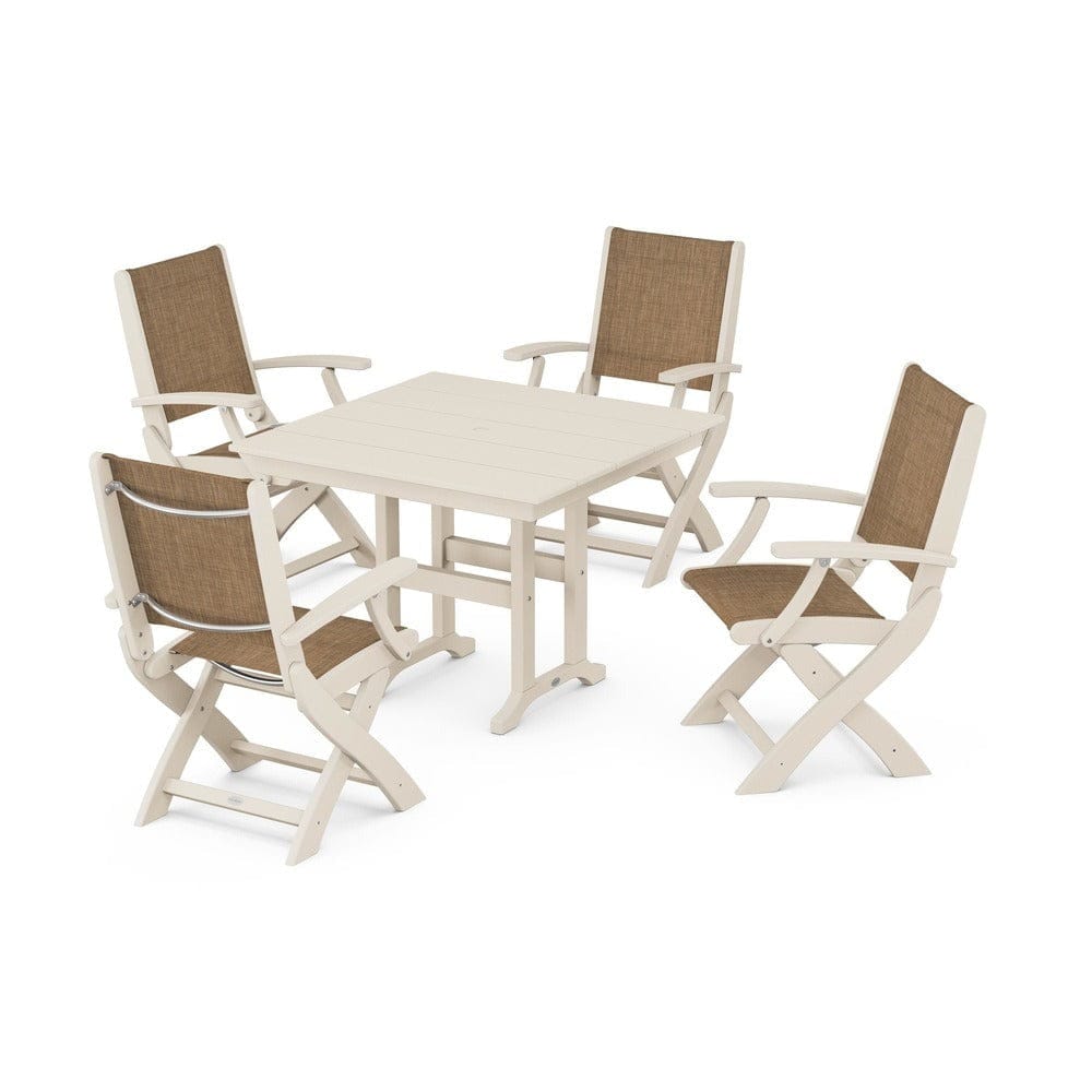 POLYWOOD® Outdoor Furniture Sand / Burlap Sling POLYWOOD® - Coastal Folding Chair 5-Piece Farmhouse Dining Set - PWS1142