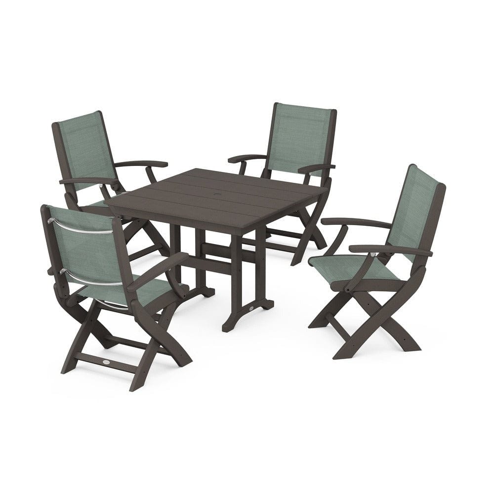 POLYWOOD® Outdoor Furniture Vintage Coffee / Dupioni Sea Mist Sling POLYWOOD® - Coastal Folding Chair 5-Piece Farmhouse Dining Set - PWS1142