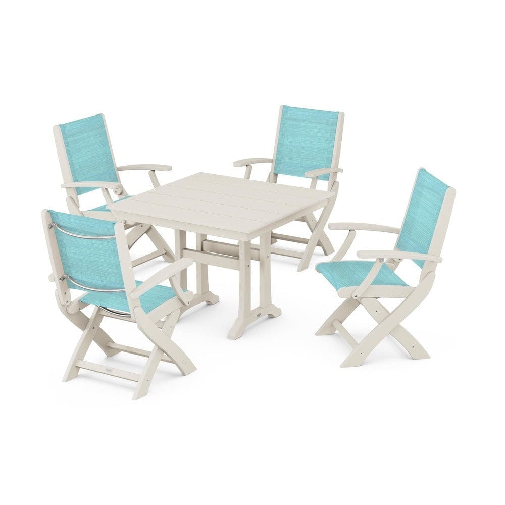 POLYWOOD® Outdoor Furniture Sand / Dupioni Aquamarine Sling POLYWOOD® - Coastal Folding Chair 5-Piece Farmhouse Dining Set With Trestle Legs - PWS945