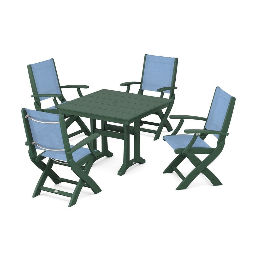 POLYWOOD® Outdoor Furniture Green / Poolside Sling POLYWOOD® - Coastal Folding Chair 5-Piece Farmhouse Dining Set With Trestle Legs - PWS945
