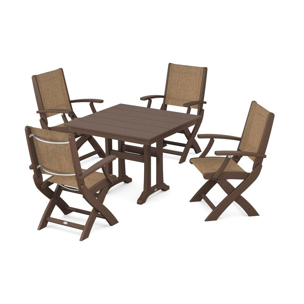 POLYWOOD® Outdoor Furniture Mahogany / Burlap Sling POLYWOOD® - Coastal Folding Chair 5-Piece Farmhouse Dining Set With Trestle Legs - PWS945