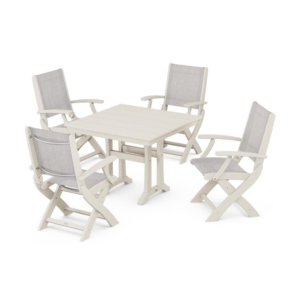 POLYWOOD® Outdoor Furniture Sand / Parchment Sling POLYWOOD® - Coastal Folding Chair 5-Piece Farmhouse Dining Set With Trestle Legs - PWS945