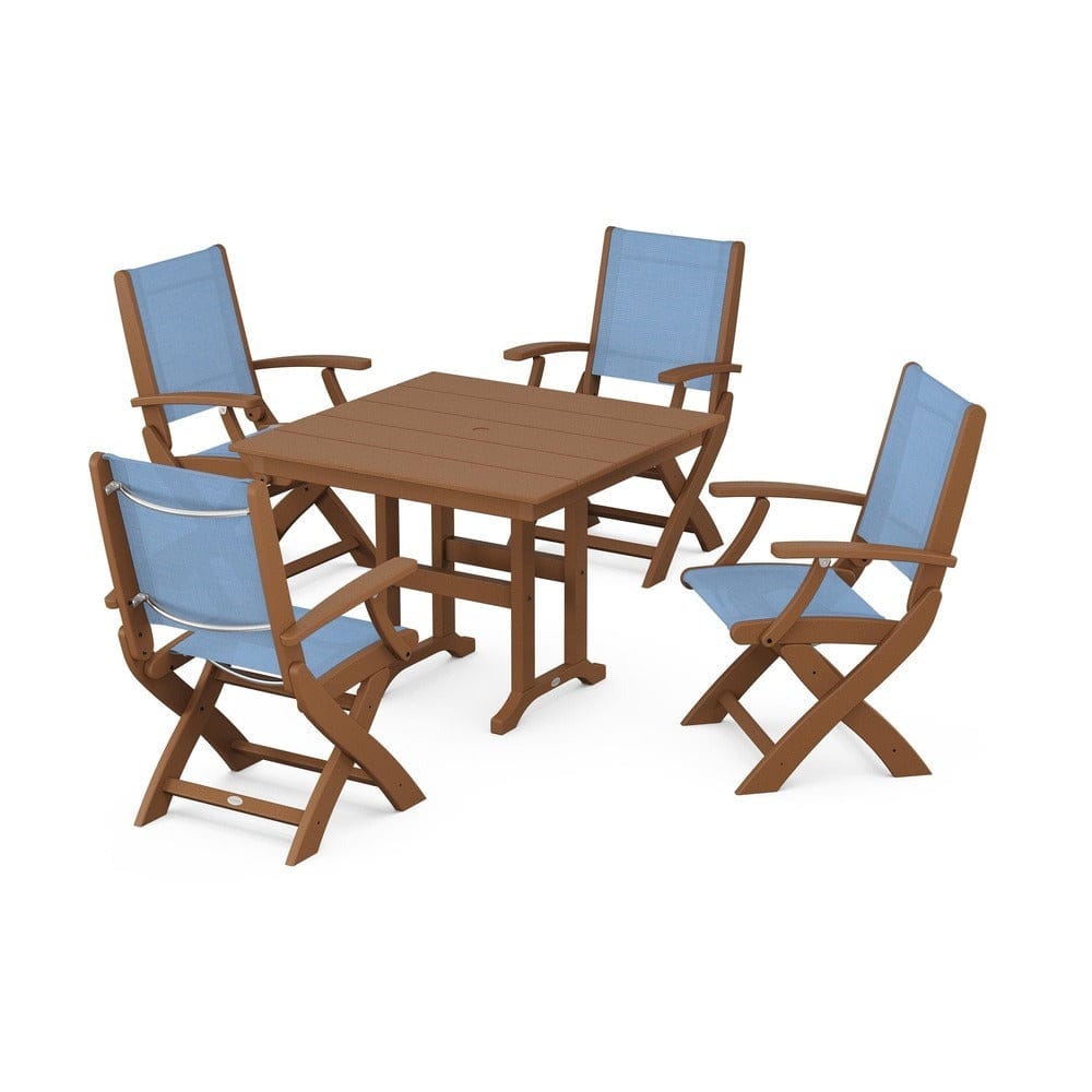 POLYWOOD® Outdoor Furniture Teak / Poolside Sling POLYWOOD® - Coastal Folding Chair 5-Piece Farmhouse Dining Set - PWS1142