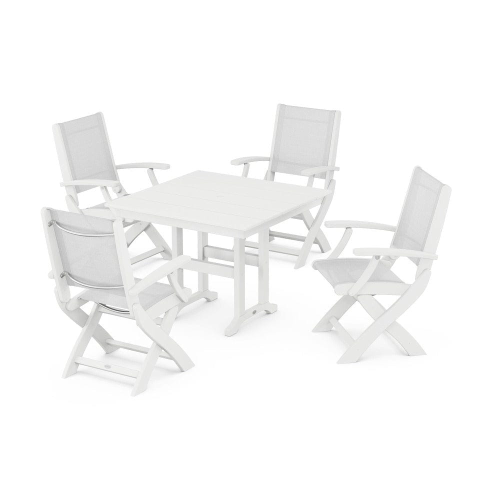 POLYWOOD® Outdoor Furniture White / White Sling POLYWOOD® - Coastal Folding Chair 5-Piece Farmhouse Dining Set - PWS1142