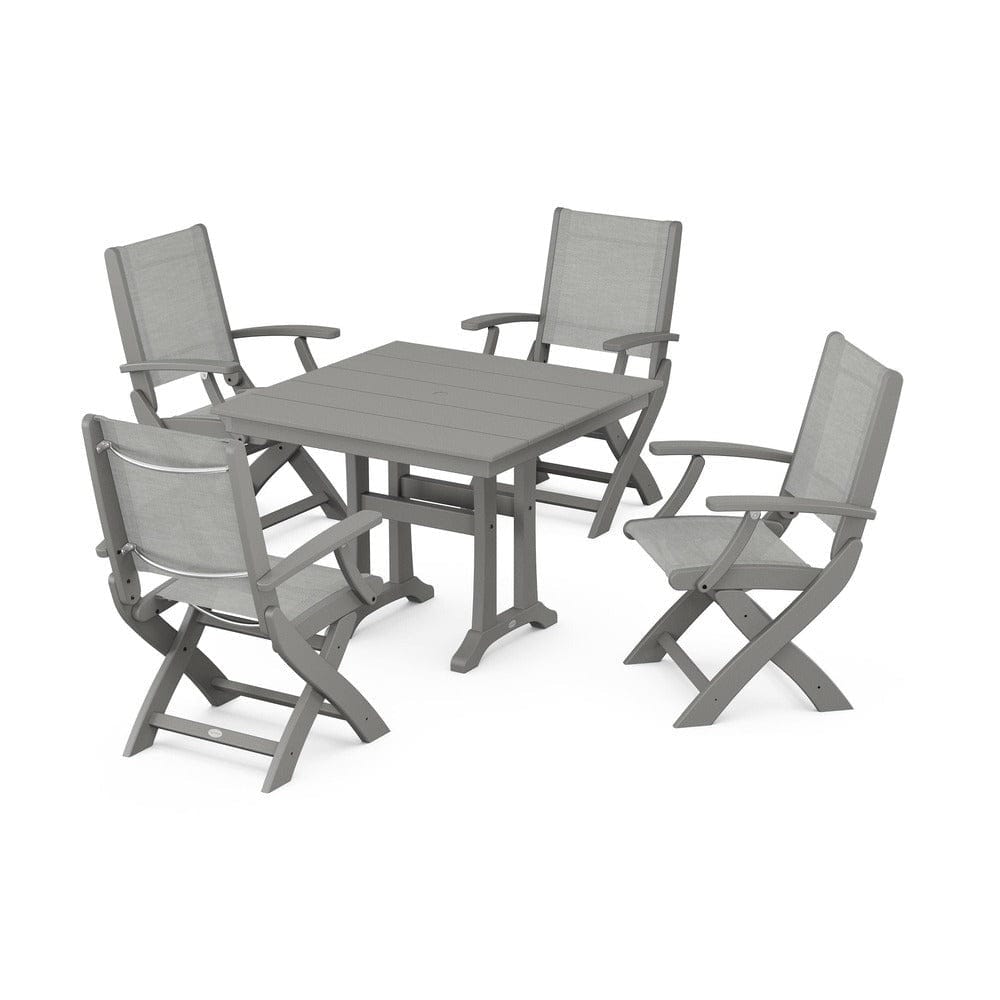POLYWOOD® Outdoor Furniture Slate Grey / Metallic Sling POLYWOOD® - Coastal Folding Chair 5-Piece Farmhouse Dining Set With Trestle Legs - PWS945