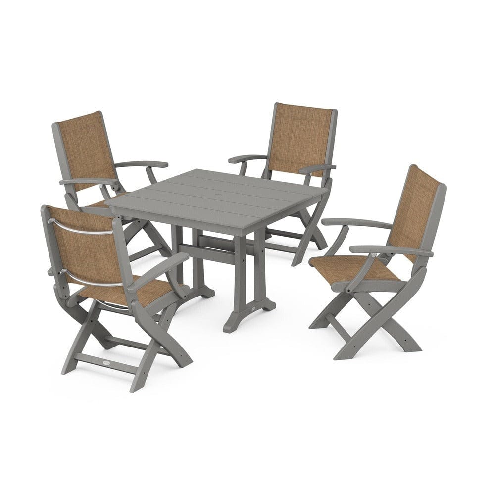 POLYWOOD® - Coastal Folding Chair 5-Piece Farmhouse Dining Set With Trestle Legs - PWS945 Outdoor Furniture POLYWOOD®