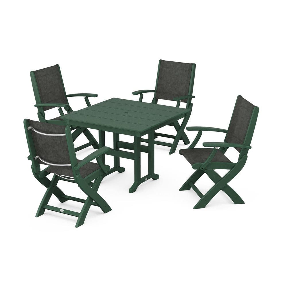 POLYWOOD® Outdoor Furniture Green / Ember Sling POLYWOOD® - Coastal Folding Chair 5-Piece Farmhouse Dining Set - PWS1142