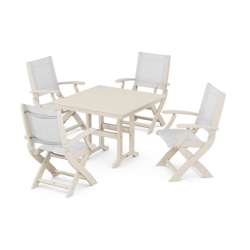 POLYWOOD® Outdoor Furniture Sand / White Sling POLYWOOD® - Coastal Folding Chair 5-Piece Farmhouse Dining Set - PWS1142