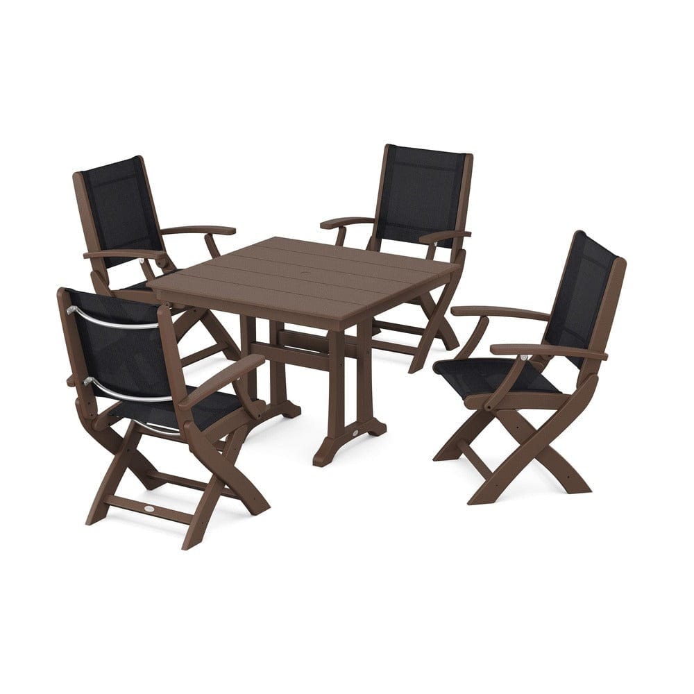 POLYWOOD® Outdoor Furniture Mahogany / Black Sling POLYWOOD® - Coastal Folding Chair 5-Piece Farmhouse Dining Set With Trestle Legs - PWS945