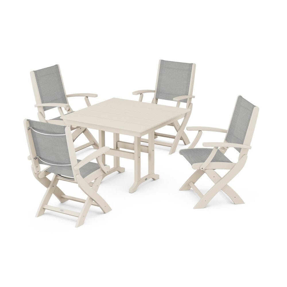 POLYWOOD® Outdoor Furniture Sand / Metallic Sling POLYWOOD® - Coastal Folding Chair 5-Piece Farmhouse Dining Set - PWS1142