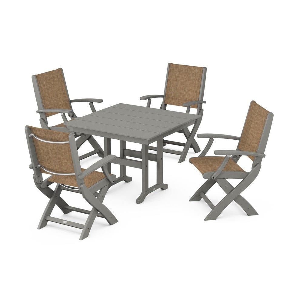 POLYWOOD® Outdoor Furniture Slate Grey / Burlap Sling POLYWOOD® - Coastal Folding Chair 5-Piece Farmhouse Dining Set - PWS1142