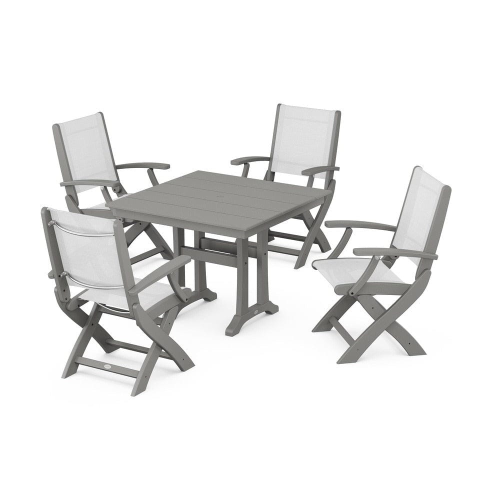 POLYWOOD® Outdoor Furniture Slate Grey / White Sling POLYWOOD® - Coastal Folding Chair 5-Piece Farmhouse Dining Set With Trestle Legs - PWS945