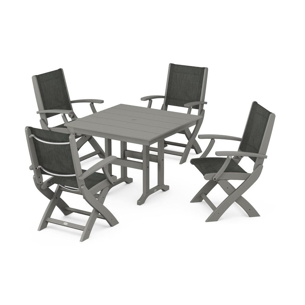 POLYWOOD® Outdoor Furniture Slate Grey / Ember Sling POLYWOOD® - Coastal Folding Chair 5-Piece Farmhouse Dining Set - PWS1142