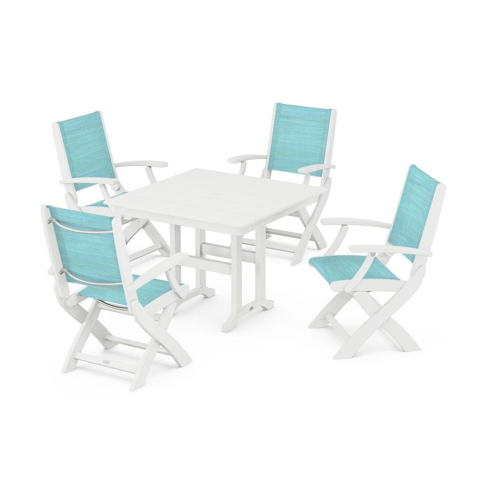 POLYWOOD® Outdoor Furniture White / Dupioni Aquamarine Sling POLYWOOD® - Coastal Folding Chair 5-Piece Farmhouse Dining Set - PWS1142