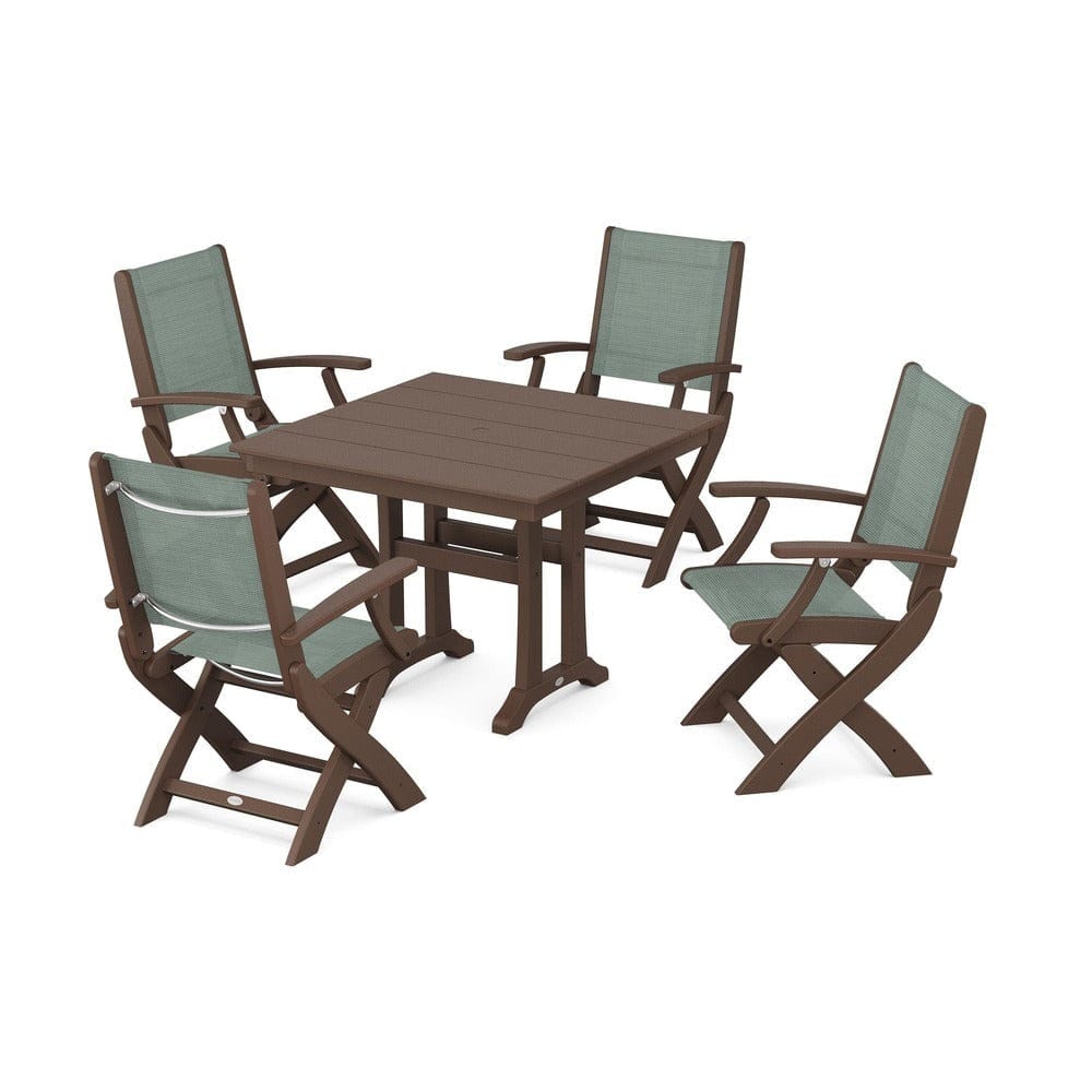 POLYWOOD® Outdoor Furniture Mahogany / Dupioni Sea Mist Sling POLYWOOD® - Coastal Folding Chair 5-Piece Farmhouse Dining Set With Trestle Legs - PWS945